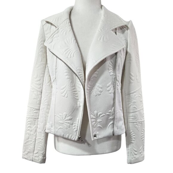 Express Ivory Cream Floral Embossed Moto Zip Cropped Jacket Unique Preppy - Picture 1 of 9